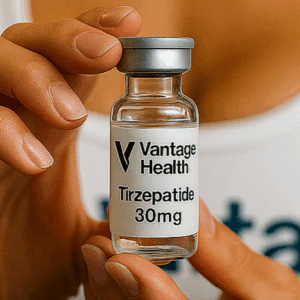 A woman holds a vial of terzepatide.